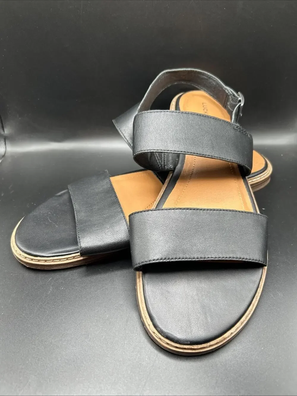 Lucky Brand Kaimana Black Leather Strappy Sandals Adjustable Strap Women's 10